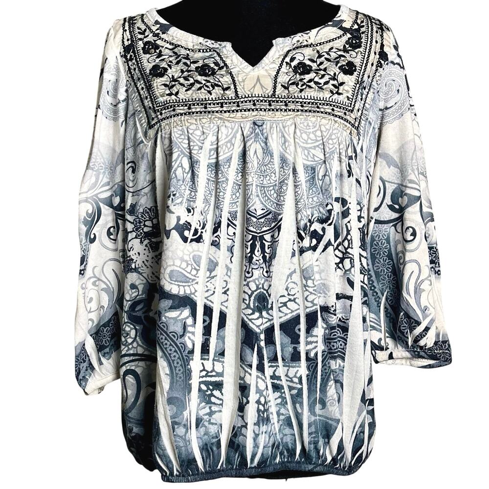 One World Boho Embroidered V-Neck Blouse Med Black, Cream Paisley Bling Tunic
